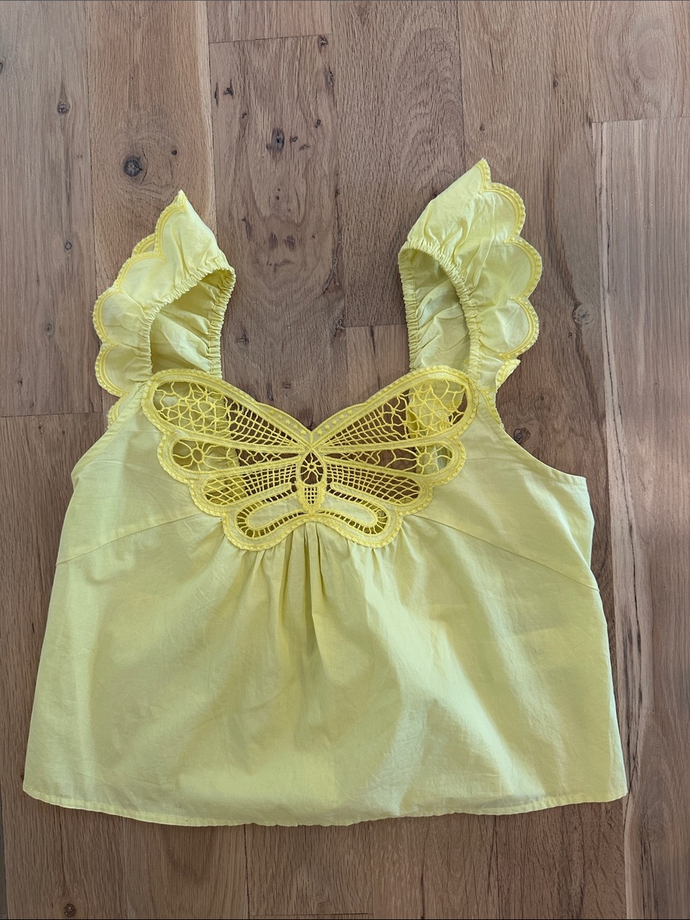 Mother Denim Yellow Butterfly Cutout Ruffle Tank